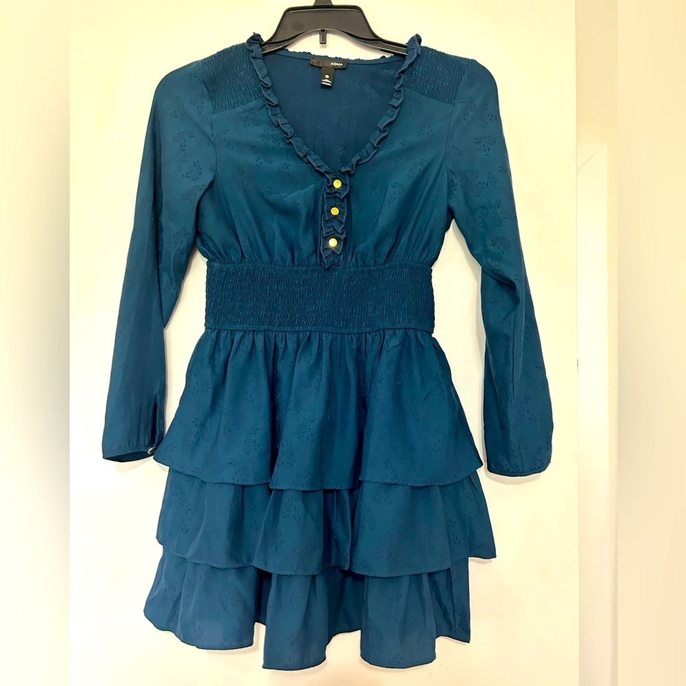 AQUA Dress Womens Holiday Whimsical Chiffon Ruffle Ruched Long Sleeve Mini Sz S